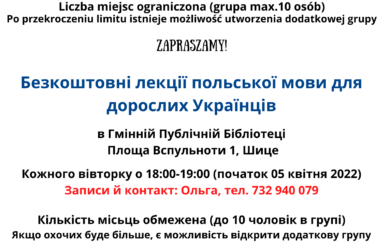 Plakat informujący o bezpłatnych lekcjach języka polskiego dla Ukraińców